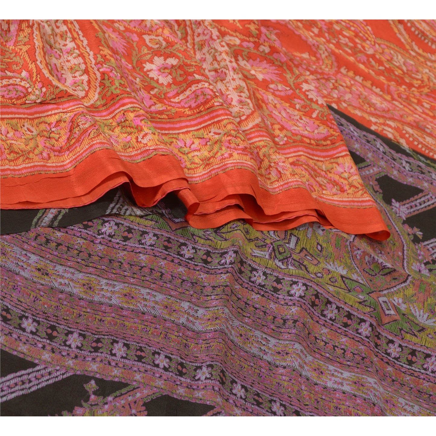 Sanskriti Vintage Sarees Indian Orange Printed 100% Pure Silk Sari Craft Sustainable Fabric