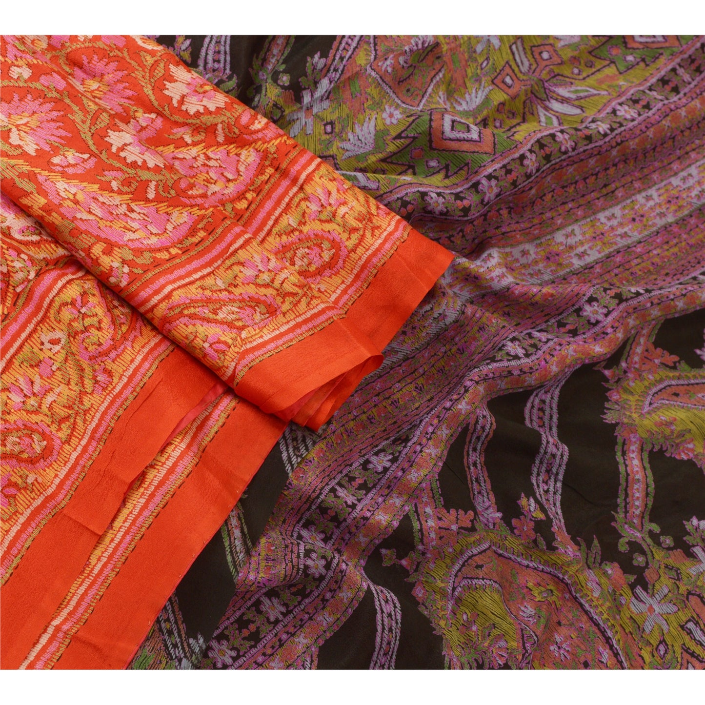 Sanskriti Vintage Sarees Indian Orange Printed 100% Pure Silk Sari Craft Sustainable Fabric