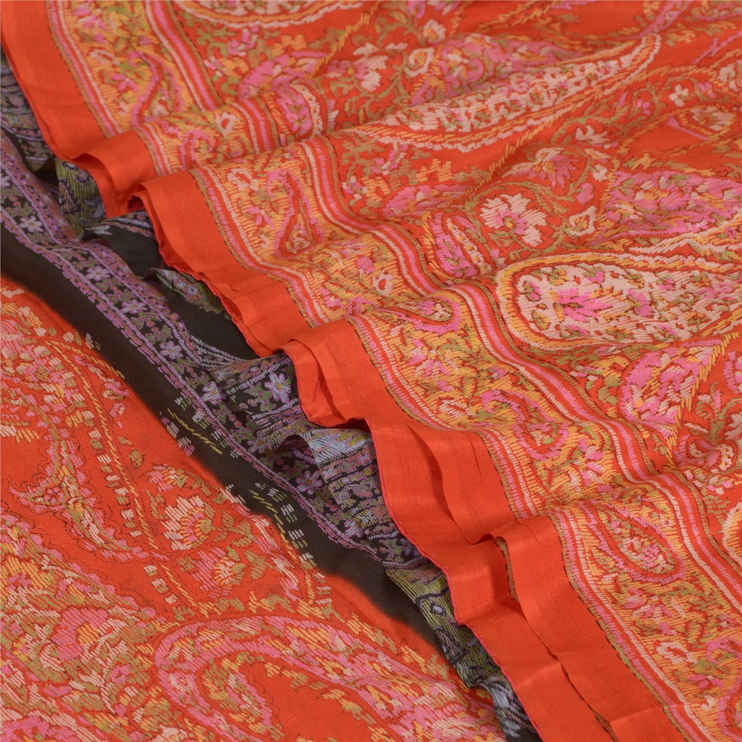 Sanskriti Vintage Sarees Indian Orange Printed 100% Pure Silk Sari Craft Sustainable Fabric