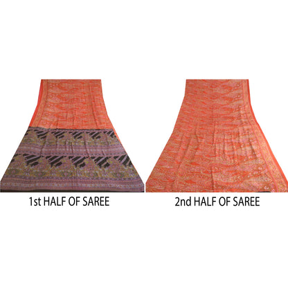Sanskriti Vintage Sarees Indian Orange Printed 100% Pure Silk Sari Craft Sustainable Fabric