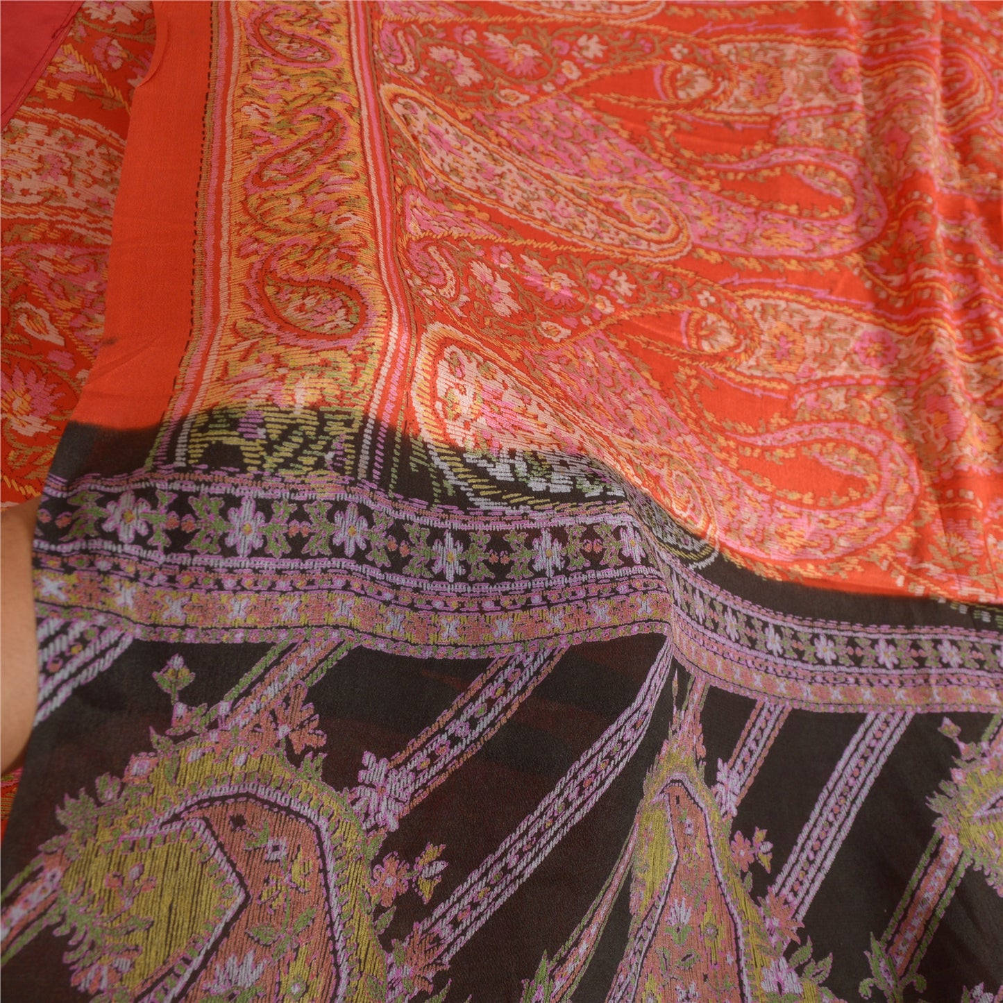 Sanskriti Vintage Sarees Indian Orange Printed 100% Pure Silk Sari Craft Sustainable Fabric