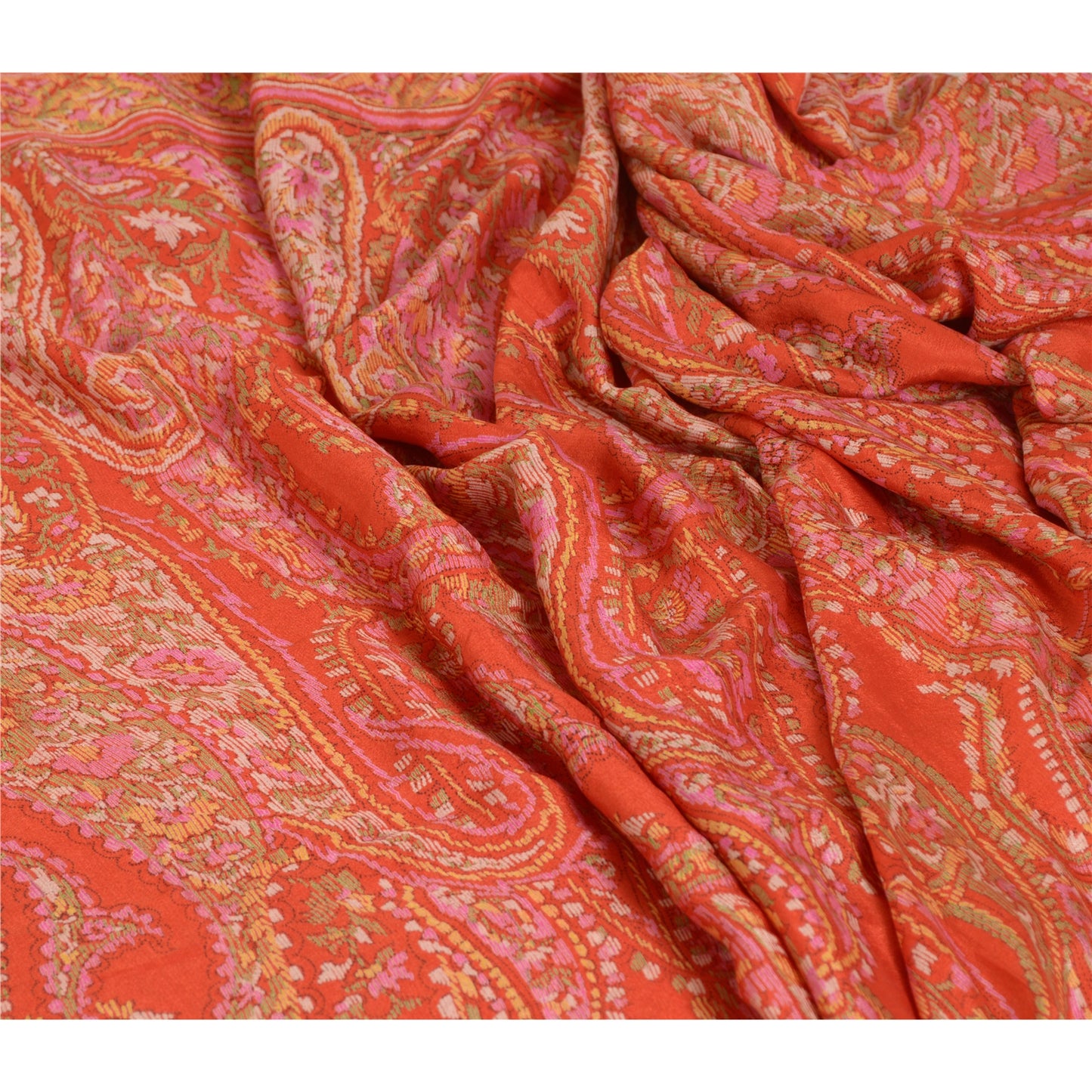 Sanskriti Vintage Sarees Indian Orange Printed 100% Pure Silk Sari Craft Sustainable Fabric