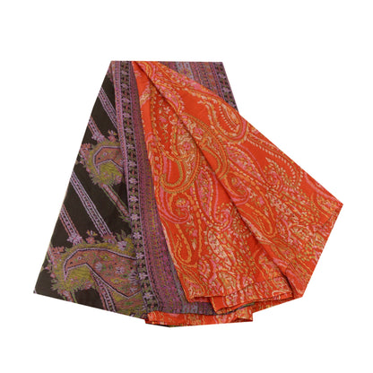 Sanskriti Vintage Sarees Indian Orange Printed 100% Pure Silk Sari Craft Sustainable Fabric
