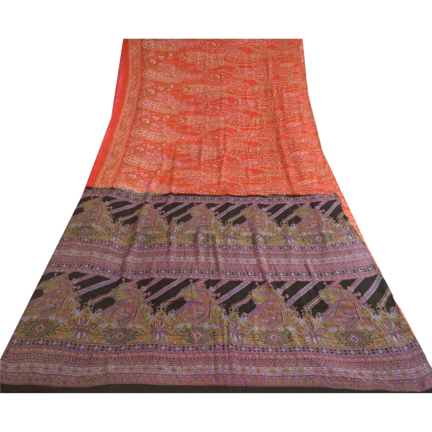 Sanskriti Vintage Sarees Indian Orange Printed 100% Pure Silk Sari Craft Sustainable Fabric