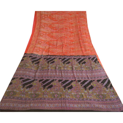 Sanskriti Vintage Sarees Indian Orange Printed 100% Pure Silk Sari Craft Sustainable Fabric