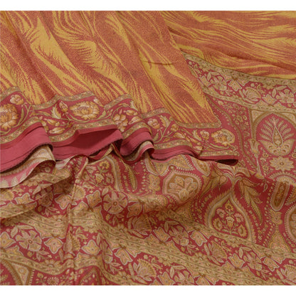 Sanskriti Vintage Sarees Red/Yellow Pure Silk Printed Sari Soft 5yd Craft Sustainable Fabric