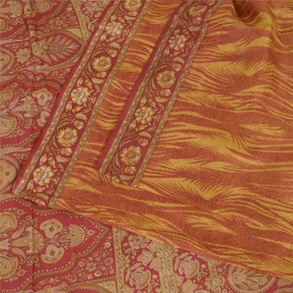 Sanskriti Vintage Sarees Red/Yellow Pure Silk Printed Sari Soft 5yd Craft Sustainable Fabric