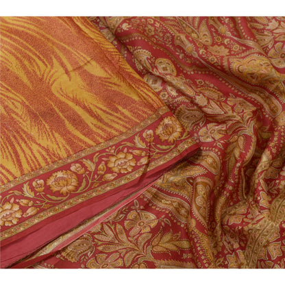 Sanskriti Vintage Sarees Red/Yellow Pure Silk Printed Sari Soft 5yd Craft Sustainable Fabric