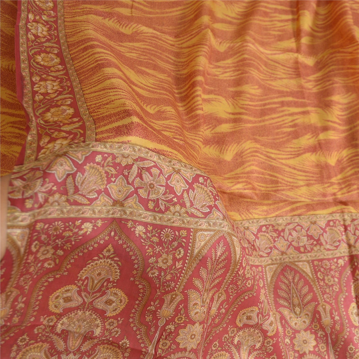 Sanskriti Vintage Sarees Red/Yellow Pure Silk Printed Sari Soft 5yd Craft Sustainable Fabric