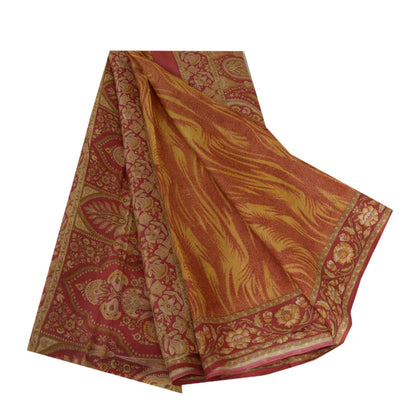 Sanskriti Vintage Sarees Red/Yellow Pure Silk Printed Sari Soft 5yd Craft Sustainable Fabric
