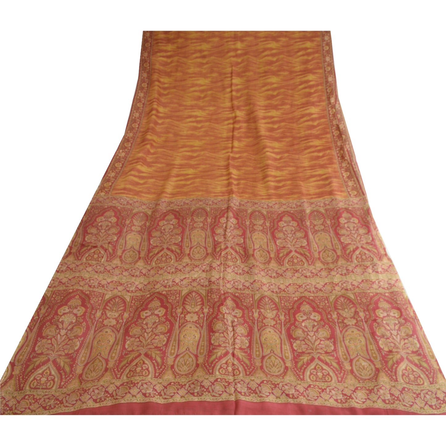 Sanskriti Vintage Sarees Red/Yellow Pure Silk Printed Sari Soft 5yd Craft Sustainable Fabric