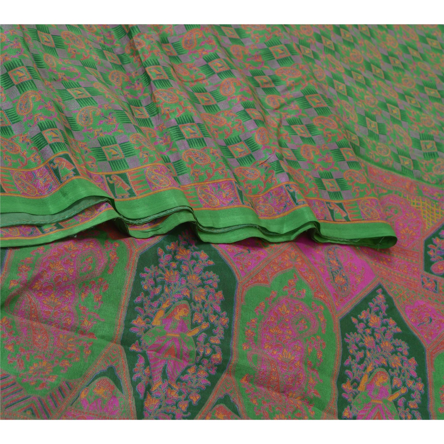 Sanskriti Vintage Sarees Indian Green 100% Pure Silk Printed Sari Craft Sustainable Fabric