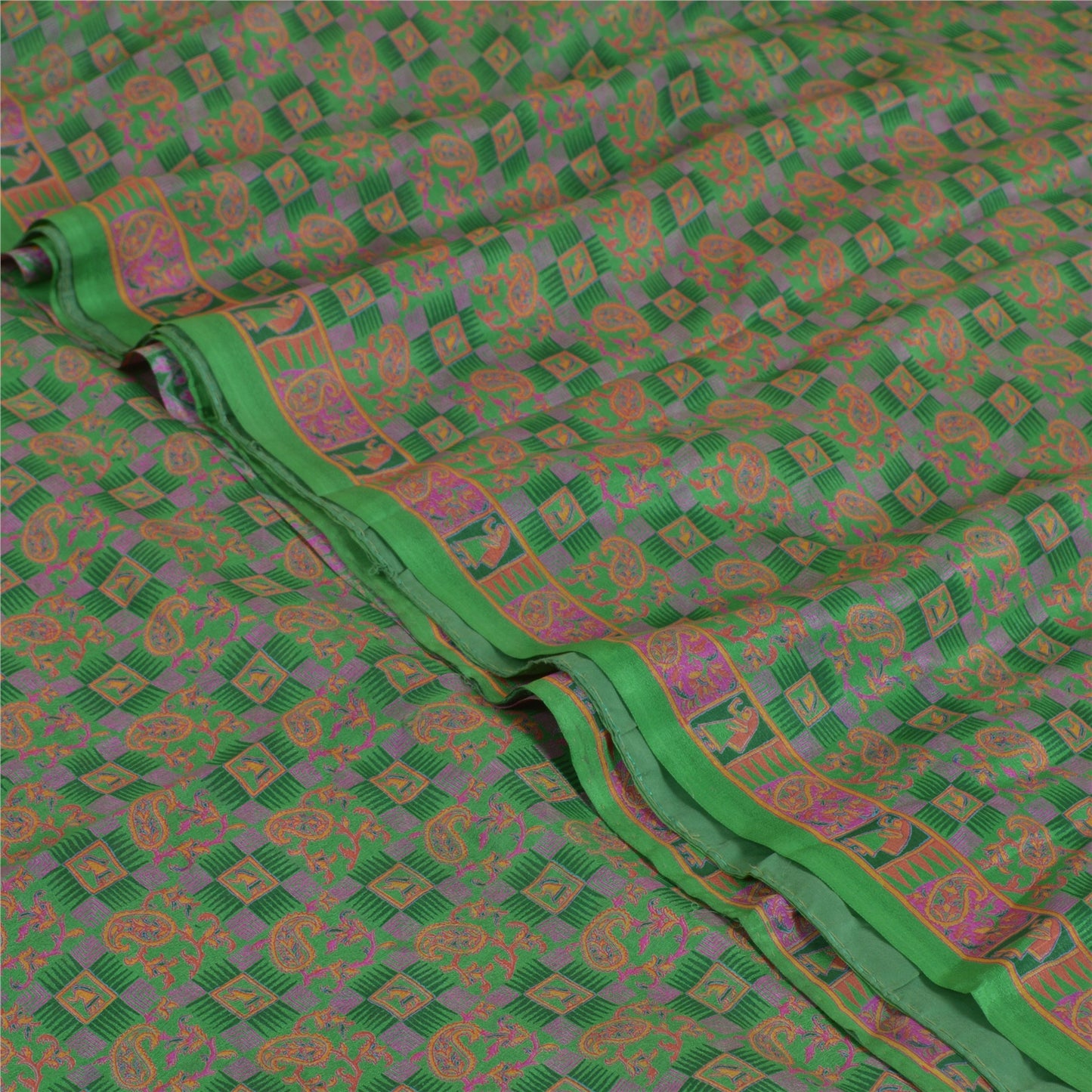 Sanskriti Vintage Sarees Indian Green 100% Pure Silk Printed Sari Craft Sustainable Fabric