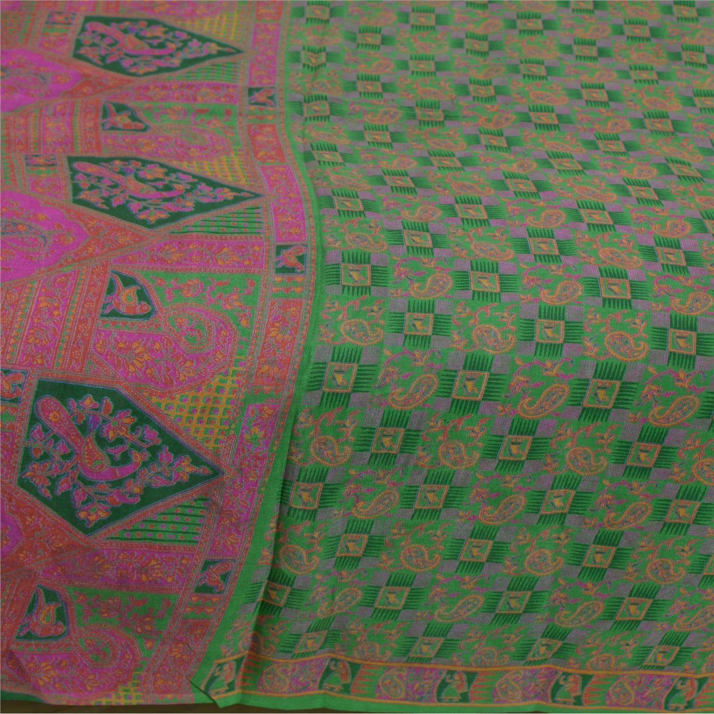 Sanskriti Vintage Sarees Indian Green 100% Pure Silk Printed Sari Craft Sustainable Fabric
