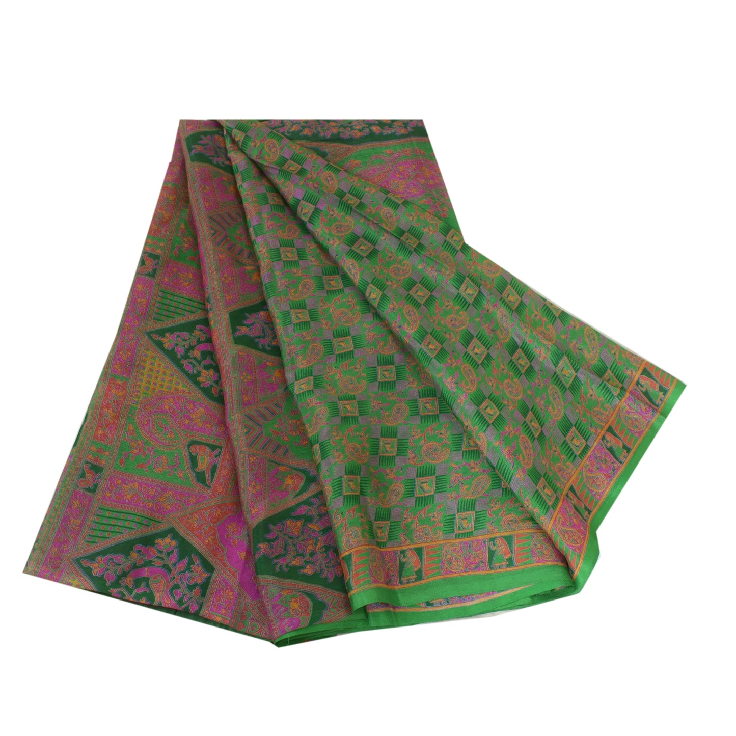 Sanskriti Vintage Sarees Indian Green 100% Pure Silk Printed Sari Craft Sustainable Fabric