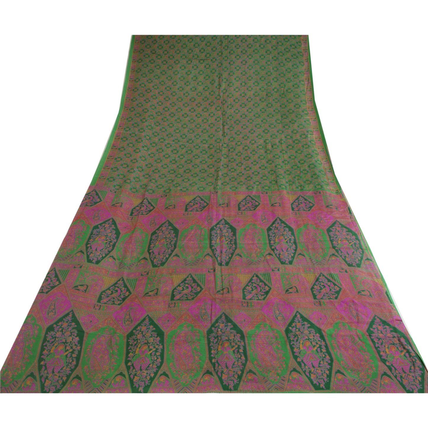Sanskriti Vintage Sarees Indian Green 100% Pure Silk Printed Sari Craft Sustainable Fabric