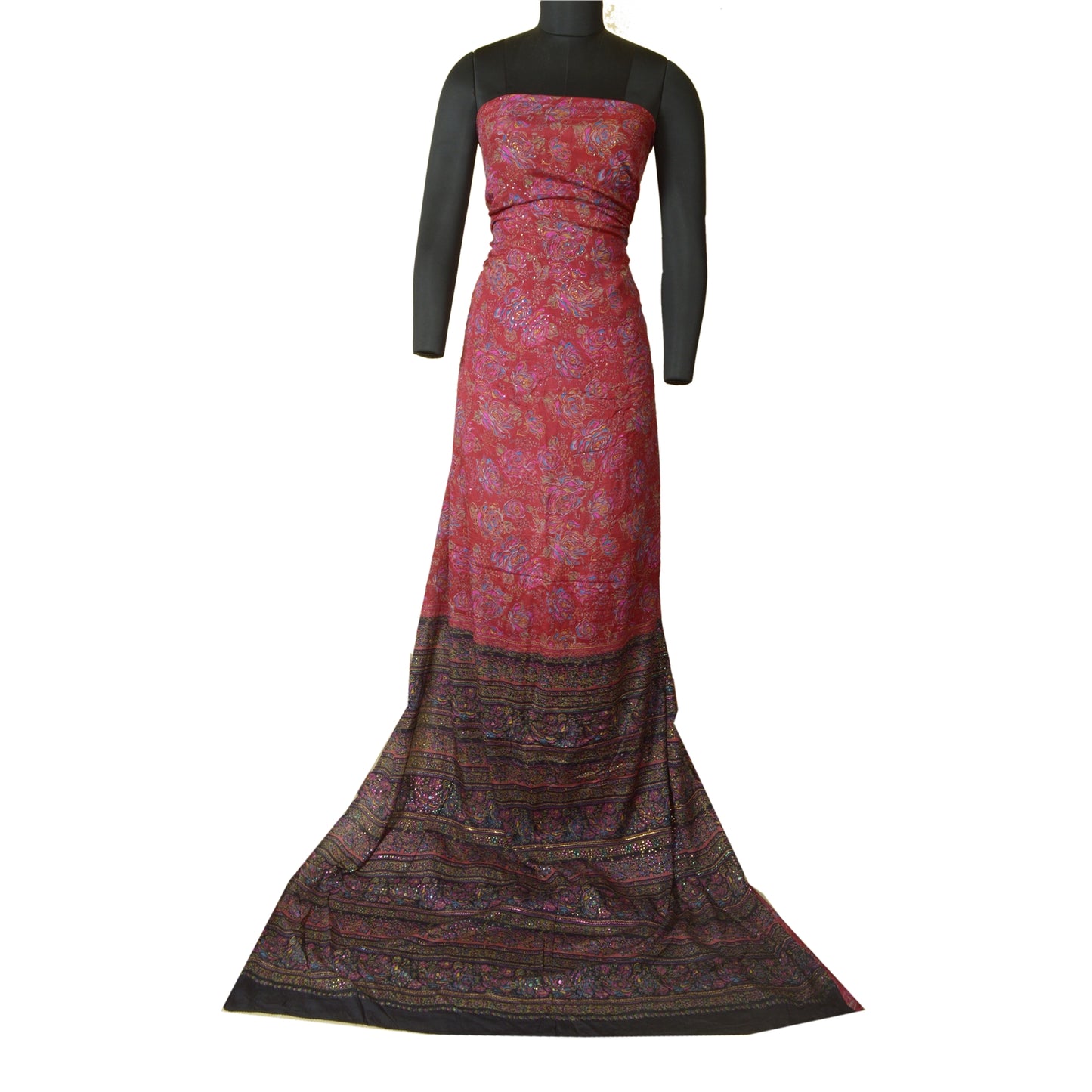 Санскритские винтажные сари красно-черные Мукешские работы из чистого шелка с принтом Сари из экологически чистой ткани