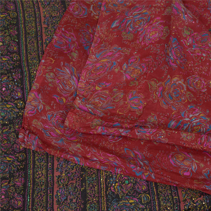 Санскритские винтажные сари красно-черные Мукешские работы из чистого шелка с принтом Сари из экологически чистой ткани