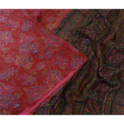 Санскритские винтажные сари красно-черные Мукешские работы из чистого шелка с принтом Сари из экологически чистой ткани