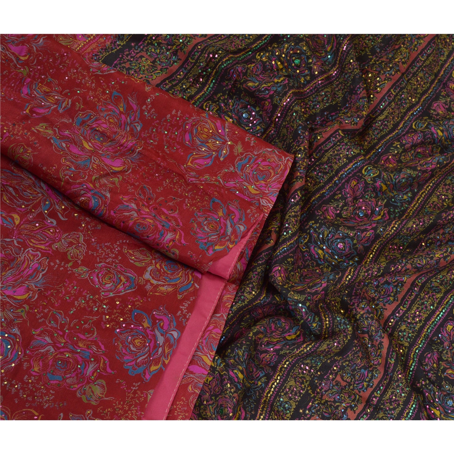 Санскритские винтажные сари красно-черные Мукешские работы из чистого шелка с принтом Сари из экологически чистой ткани