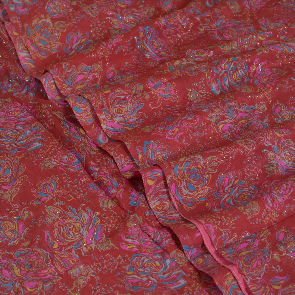 Санскритские винтажные сари красно-черные Мукешские работы из чистого шелка с принтом Сари из экологически чистой ткани