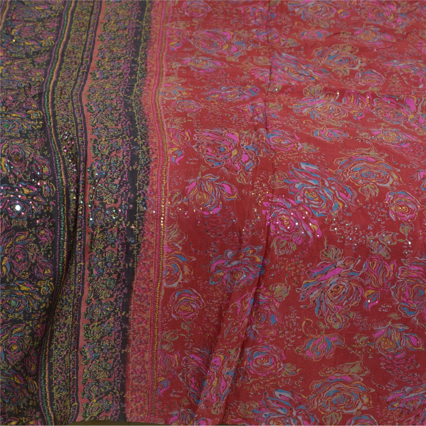 Санскритские винтажные сари красно-черные Мукешские работы из чистого шелка с принтом Сари из экологически чистой ткани