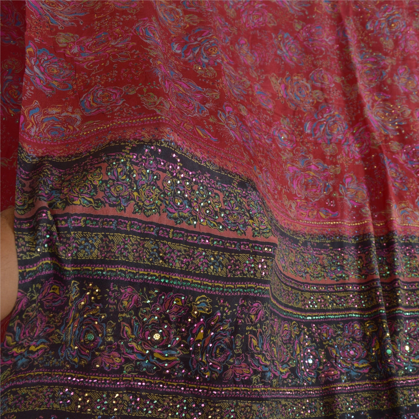 Санскритские винтажные сари красно-черные Мукешские работы из чистого шелка с принтом Сари из экологически чистой ткани