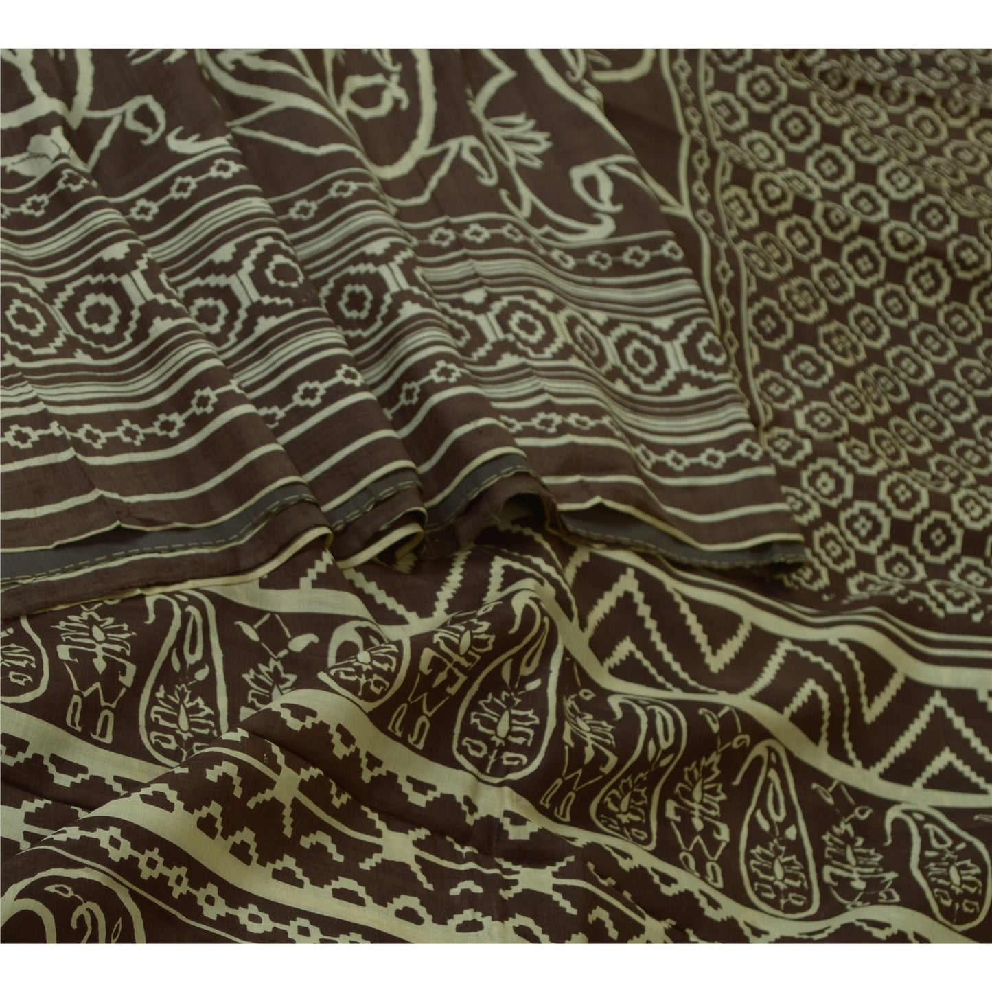 Sanskriti Vintage Sarees Brown 100% Pure Silk Printed Sari 5yd Soft Craft Sustainable Fabric
