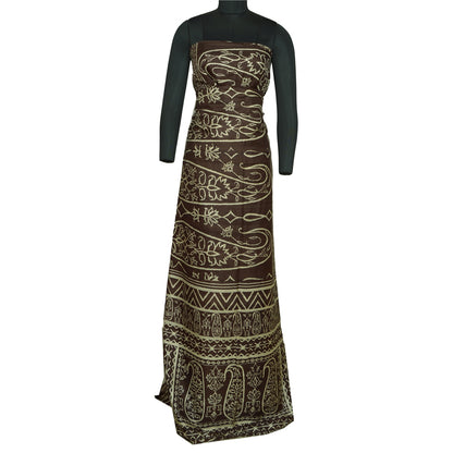 Sanskriti Vintage Sarees Brown 100% Pure Silk Printed Sari 5yd Soft Craft Sustainable Fabric