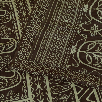 Sanskriti Vintage Sarees Brown 100% Pure Silk Printed Sari 5yd Soft Craft Sustainable Fabric