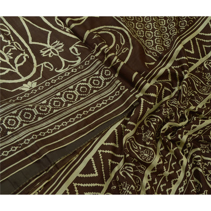 Sanskriti Vintage Sarees Brown 100% Pure Silk Printed Sari 5yd Soft Craft Sustainable Fabric