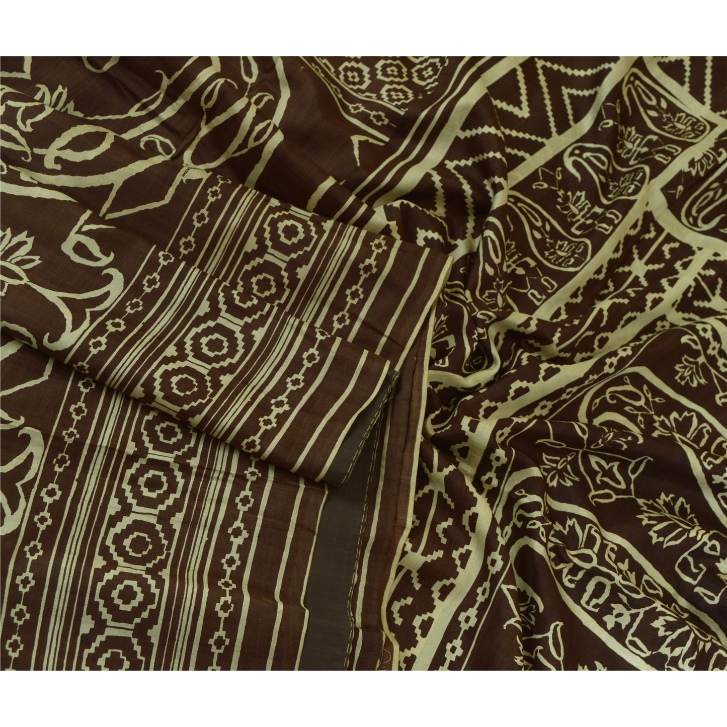 Sanskriti Vintage Sarees Brown 100% Pure Silk Printed Sari 5yd Soft Craft Sustainable Fabric