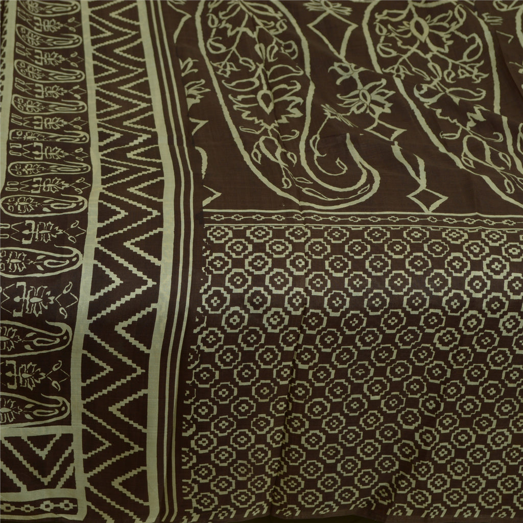 Sanskriti Vintage Sarees Brown 100% Pure Silk Printed Sari 5yd Soft Craft Sustainable Fabric