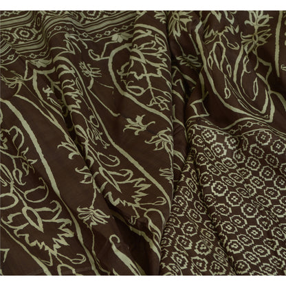 Sanskriti Vintage Sarees Brown 100% Pure Silk Printed Sari 5yd Soft Craft Sustainable Fabric