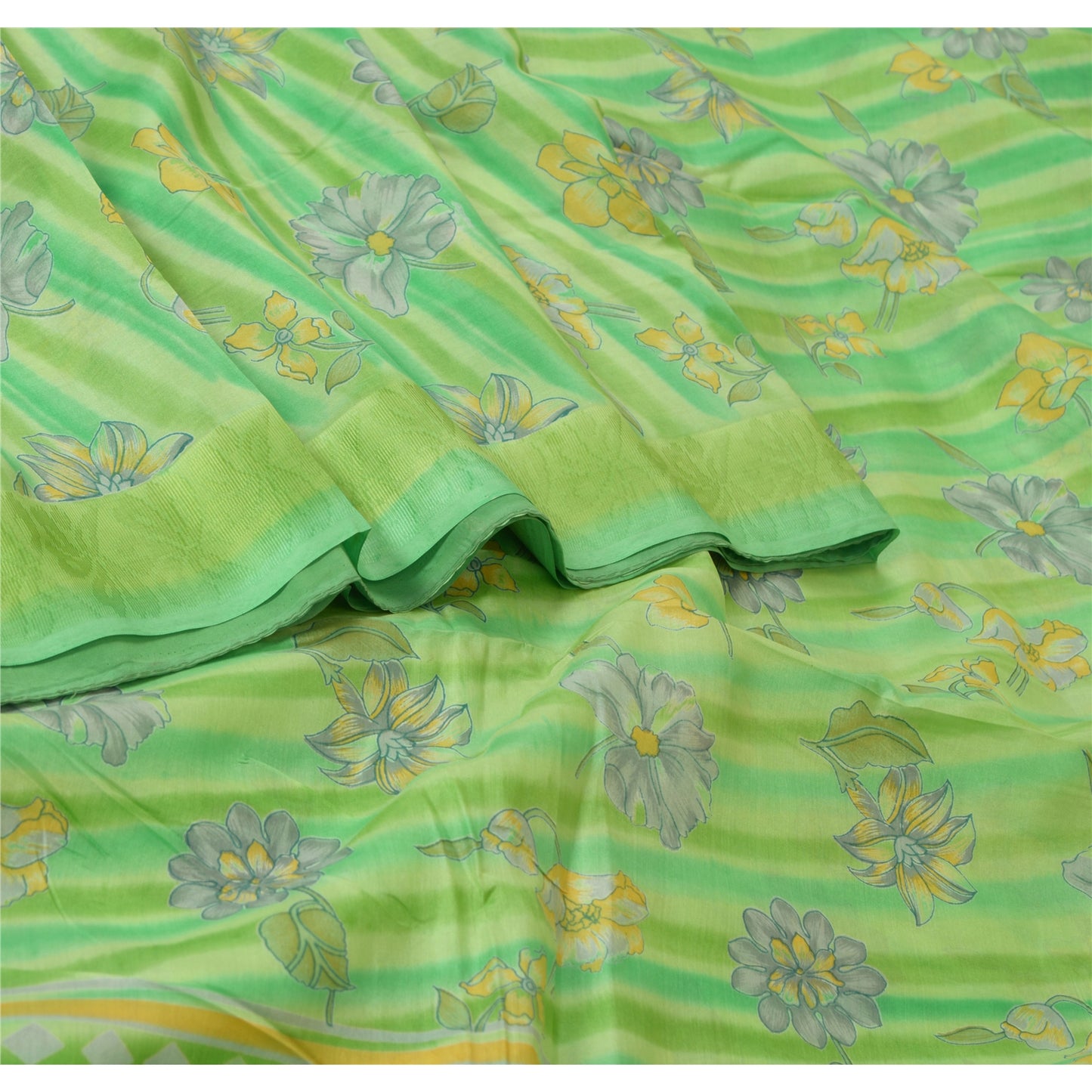 Sanskriti Vintage Sarees From India Green Pure Silk Printed Sari Craft Sustainable Fabric