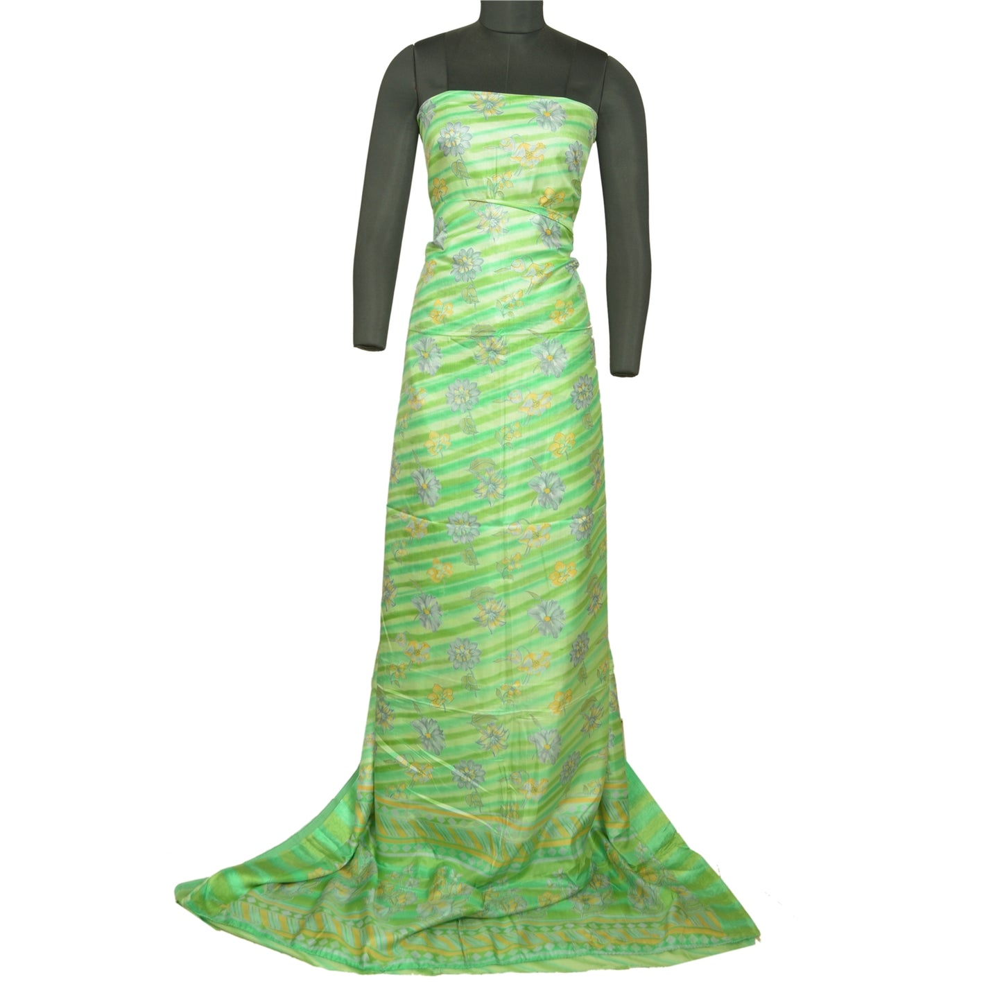 Sanskriti Vintage Sarees From India Green Pure Silk Printed Sari Craft Sustainable Fabric