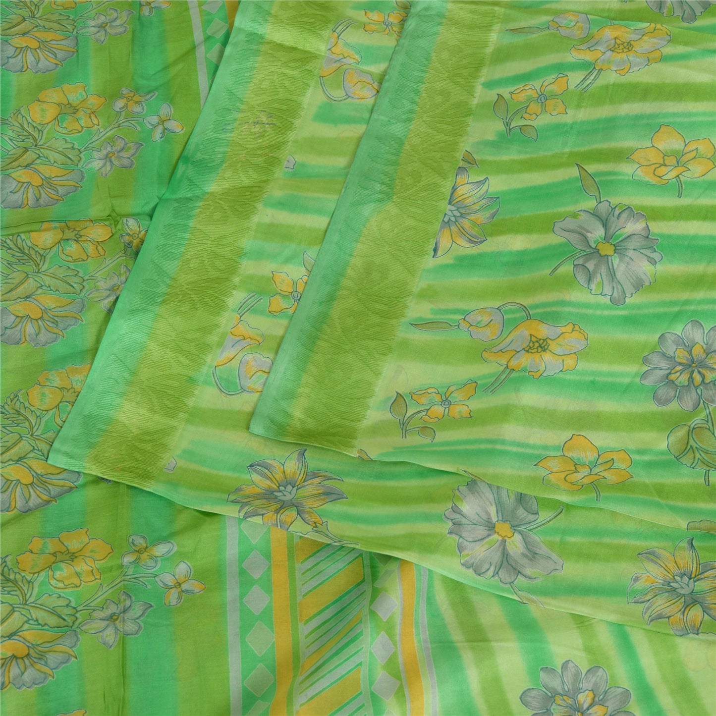 Sanskriti Vintage Sarees From India Green Pure Silk Printed Sari Craft Sustainable Fabric