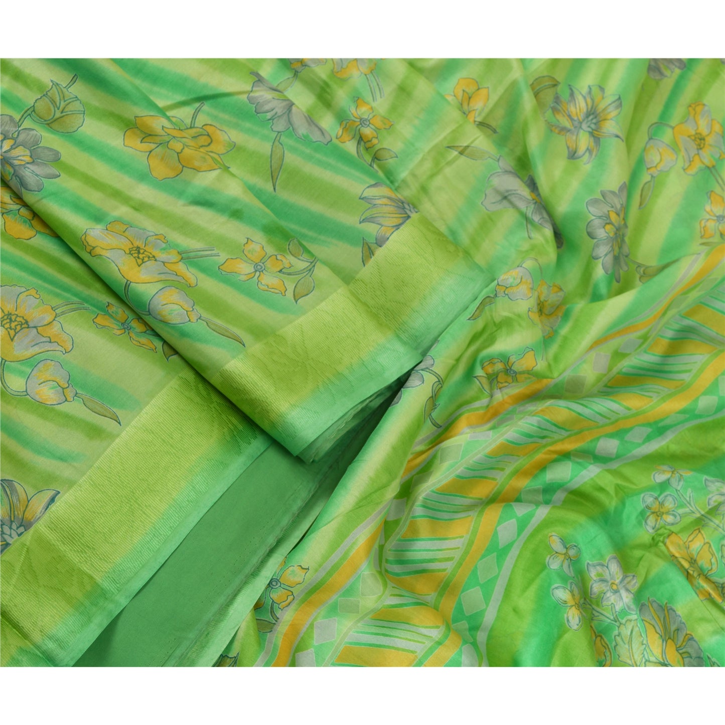 Sanskriti Vintage Sarees From India Green Pure Silk Printed Sari Craft Sustainable Fabric
