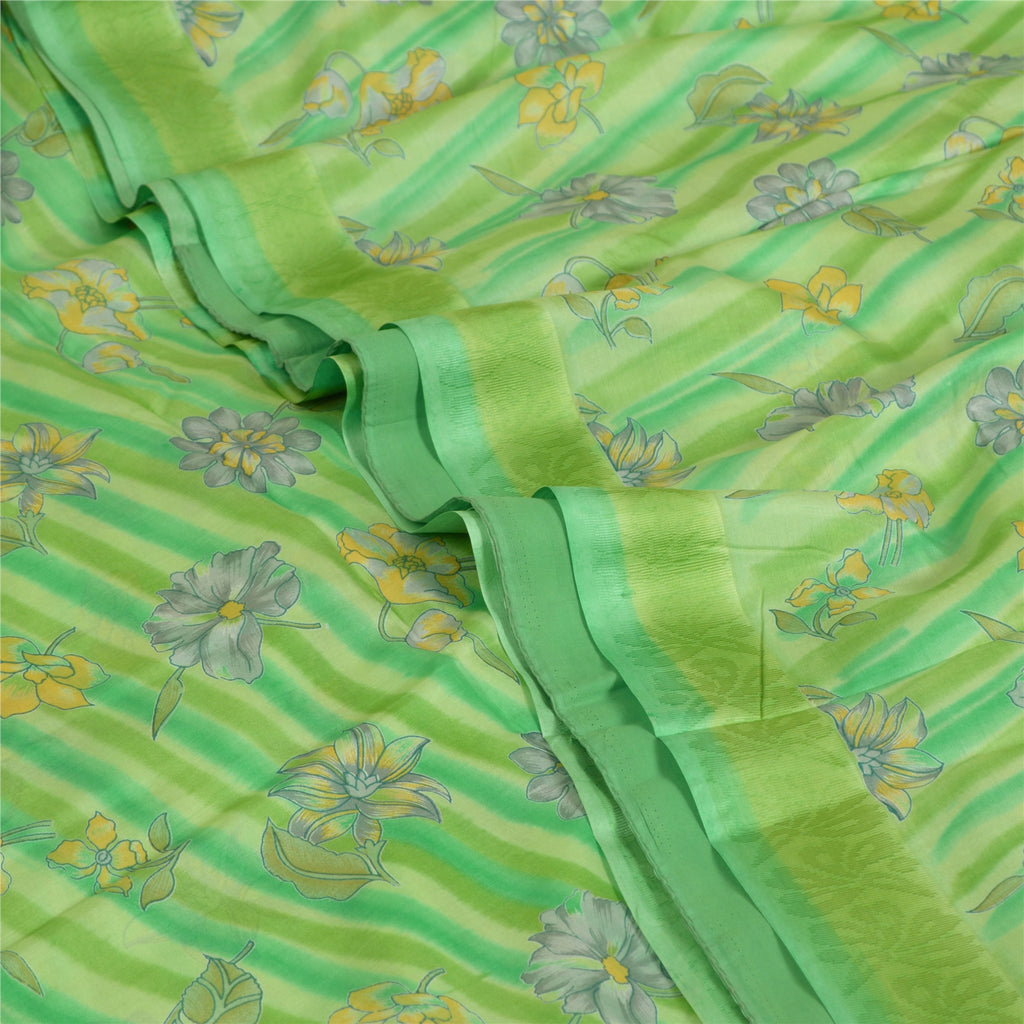 Sanskriti Vintage Sarees From India Green Pure Silk Printed Sari Craft Sustainable Fabric