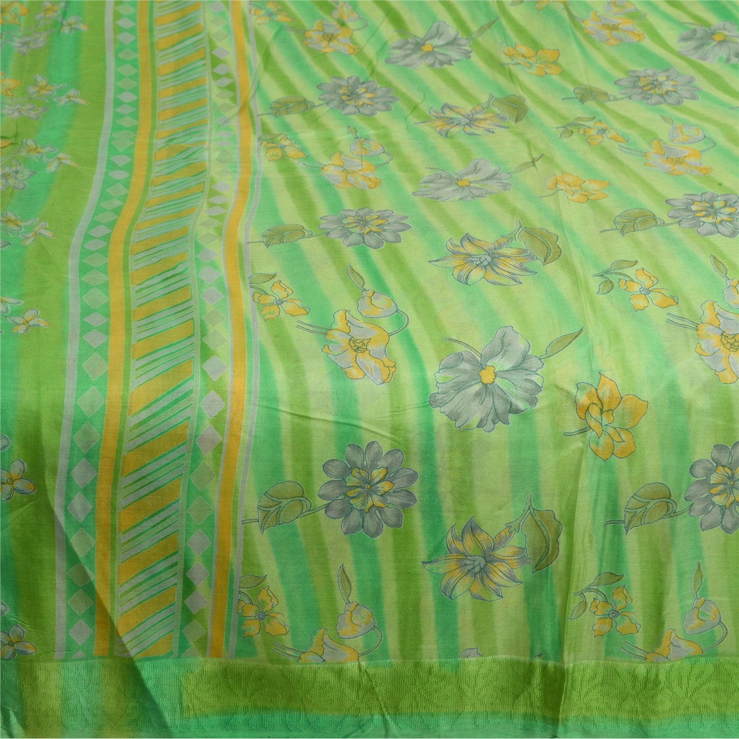 Sanskriti Vintage Sarees From India Green Pure Silk Printed Sari Craft Sustainable Fabric