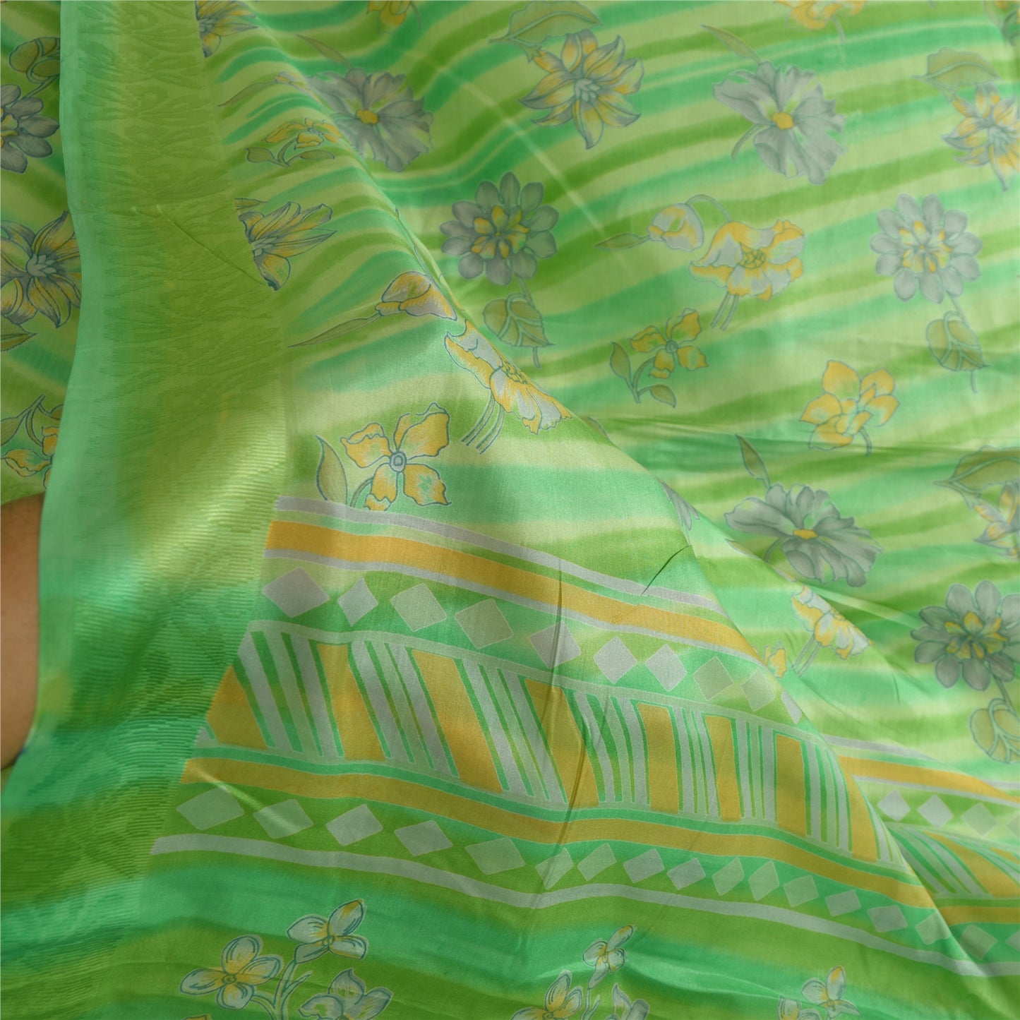 Sanskriti Vintage Sarees From India Green Pure Silk Printed Sari Craft Sustainable Fabric