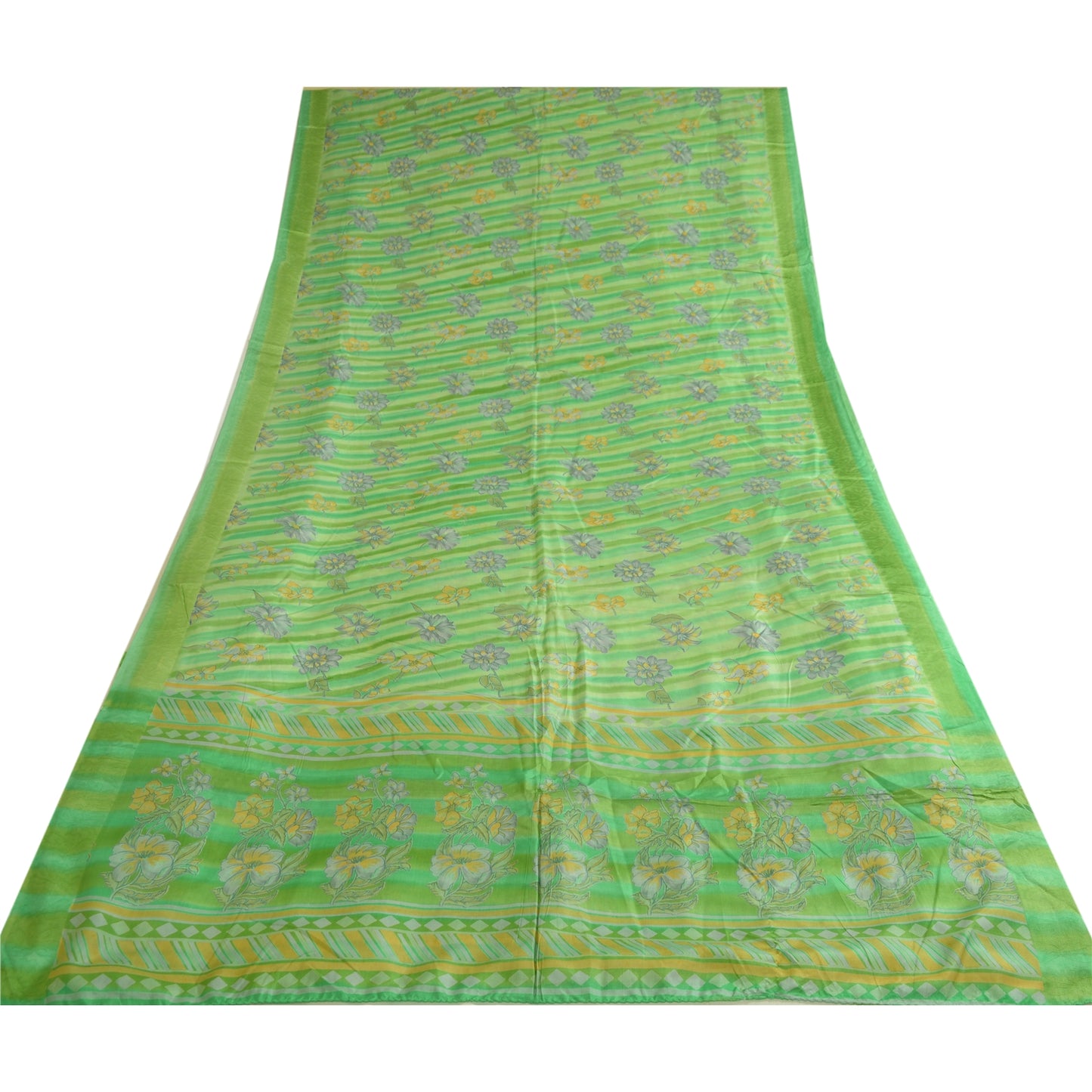 Sanskriti Vintage Sarees From India Green Pure Silk Printed Sari Craft Sustainable Fabric