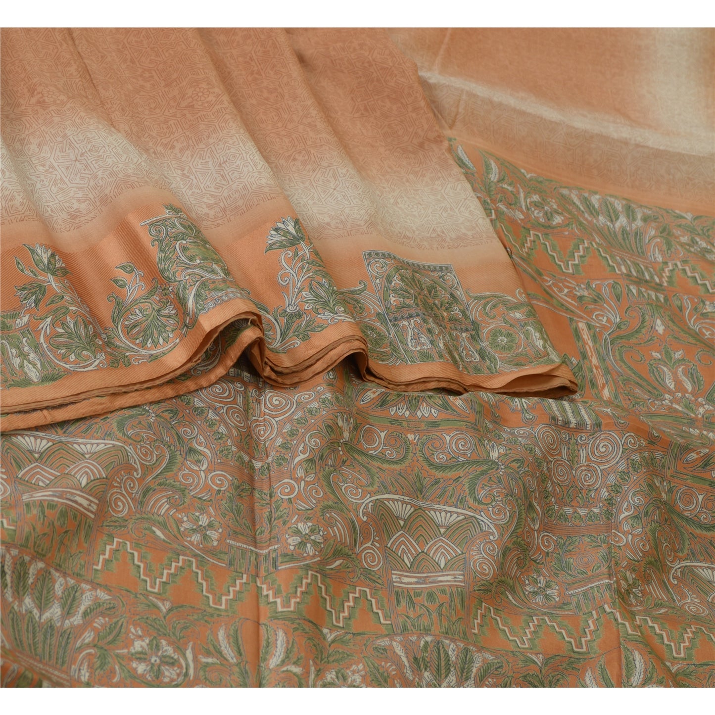Sanskriti Vintage Sarees Indian Peach/Green Pure Silk Printed Sari Craft Sustainable Fabric