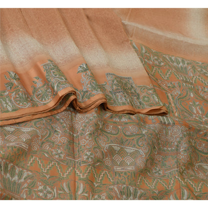 Sanskriti Vintage Sarees Indian Peach/Green Pure Silk Printed Sari Craft Sustainable Fabric