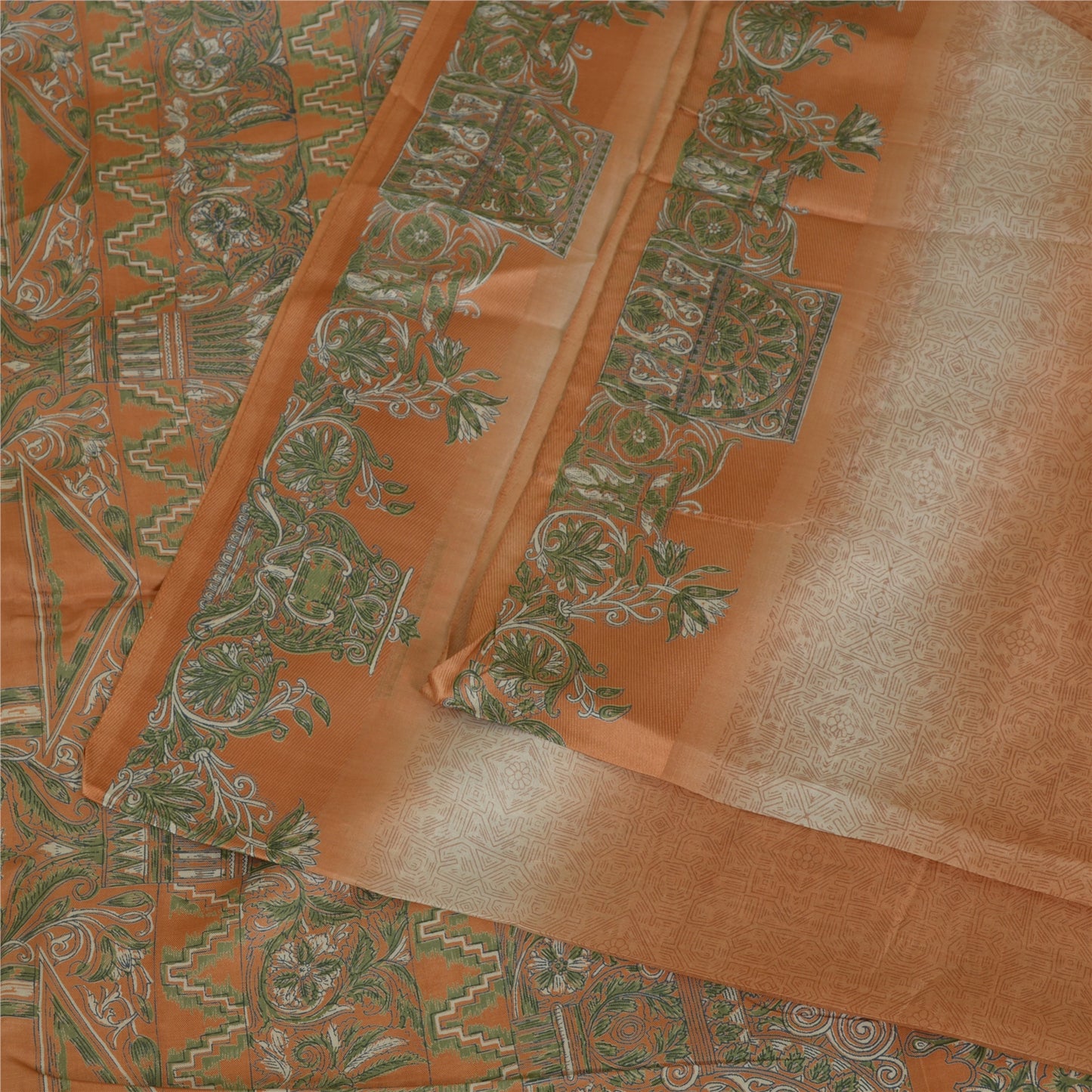 Sanskriti Vintage Sarees Indian Peach/Green Pure Silk Printed Sari Craft Sustainable Fabric
