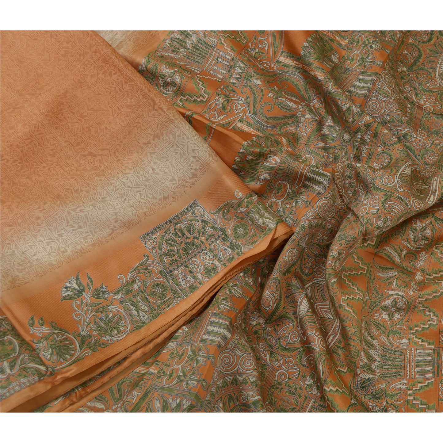 Sanskriti Vintage Sarees Indian Peach/Green Pure Silk Printed Sari Craft Sustainable Fabric
