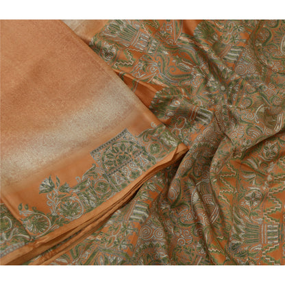 Sanskriti Vintage Sarees Indian Peach/Green Pure Silk Printed Sari Craft Sustainable Fabric