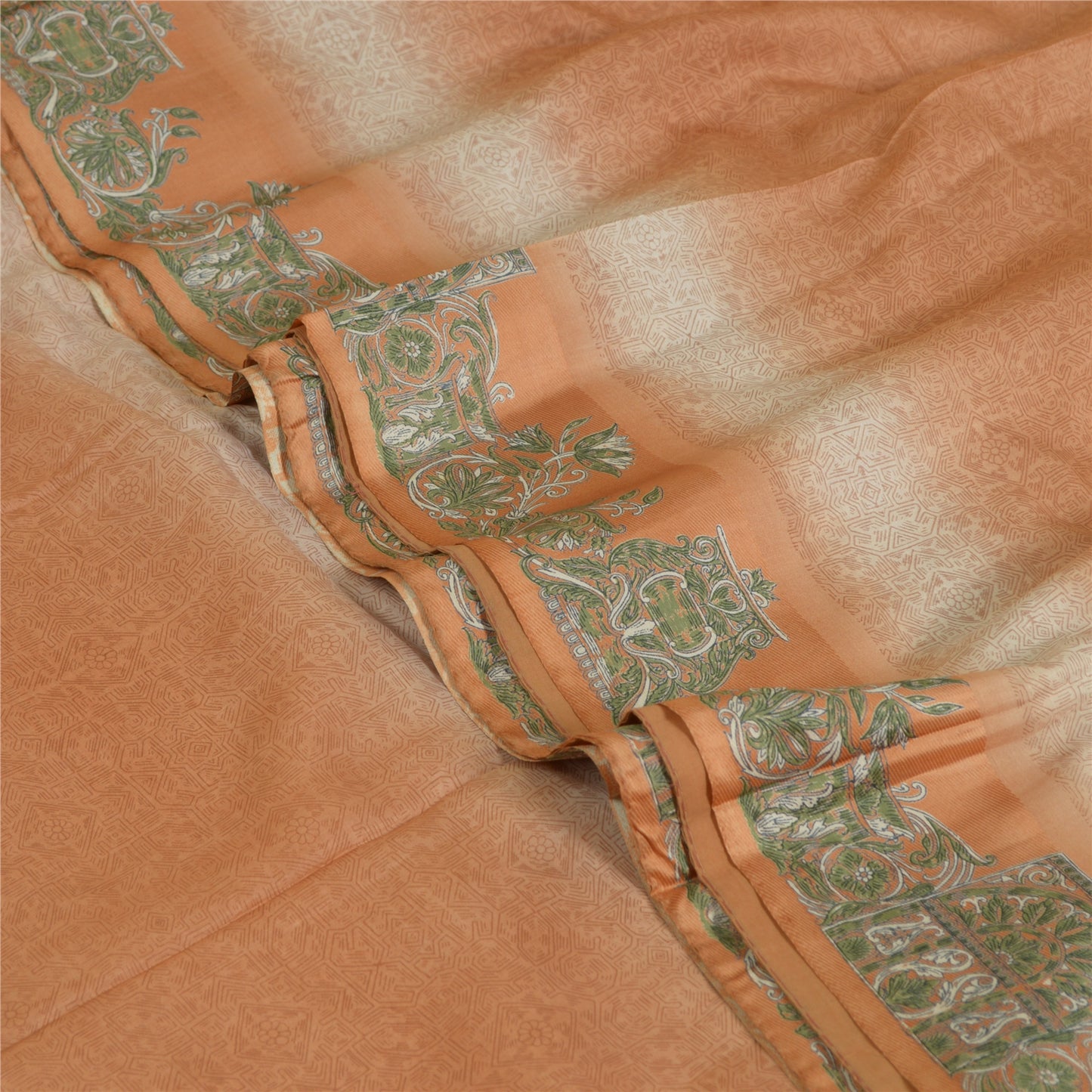 Sanskriti Vintage Sarees Indian Peach/Green Pure Silk Printed Sari Craft Sustainable Fabric
