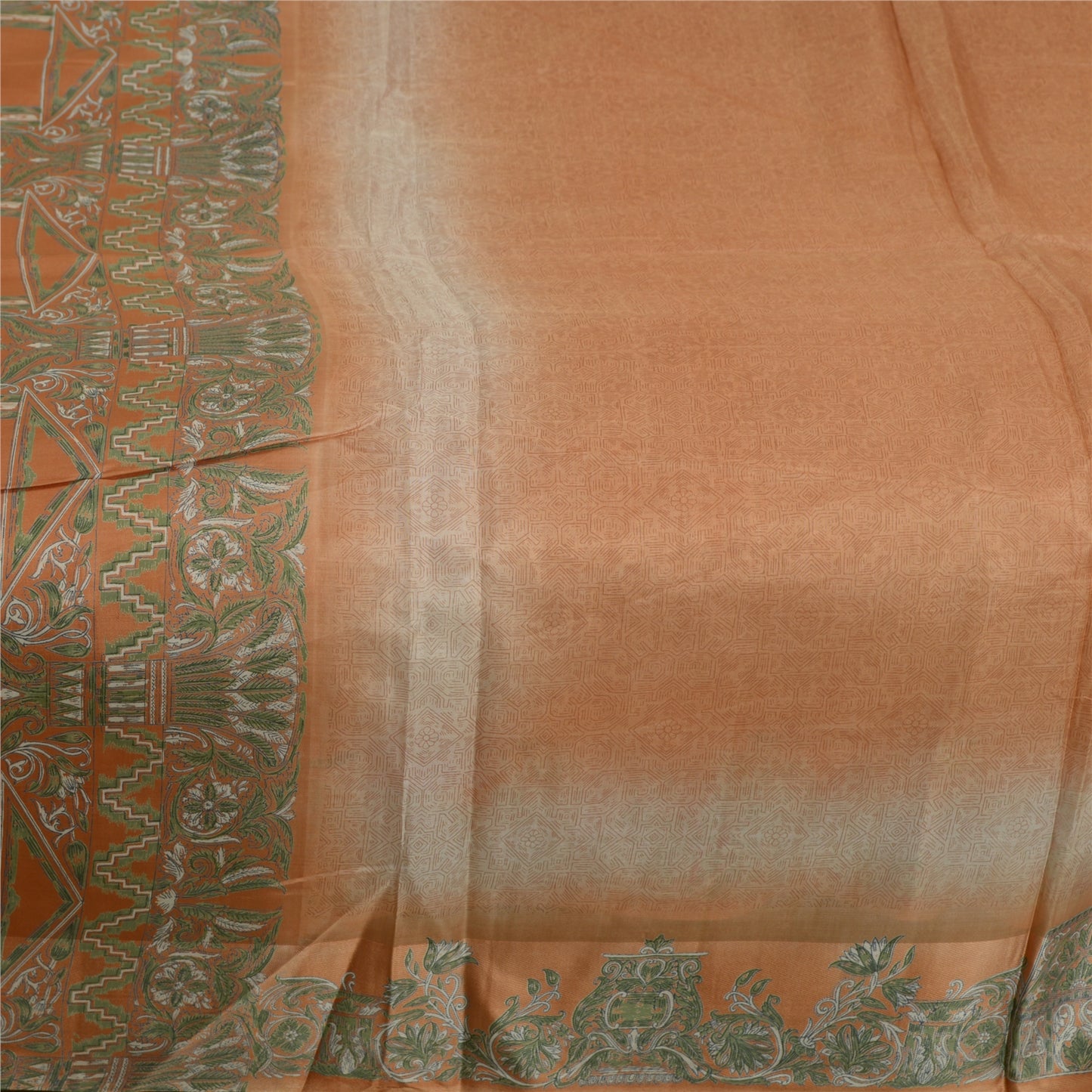 Sanskriti Vintage Sarees Indian Peach/Green Pure Silk Printed Sari Craft Sustainable Fabric