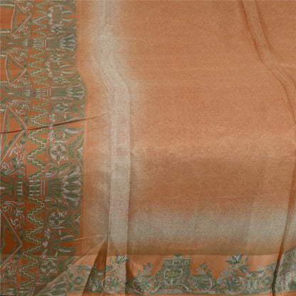 Sanskriti Vintage Sarees Indian Peach/Green Pure Silk Printed Sari Craft Sustainable Fabric